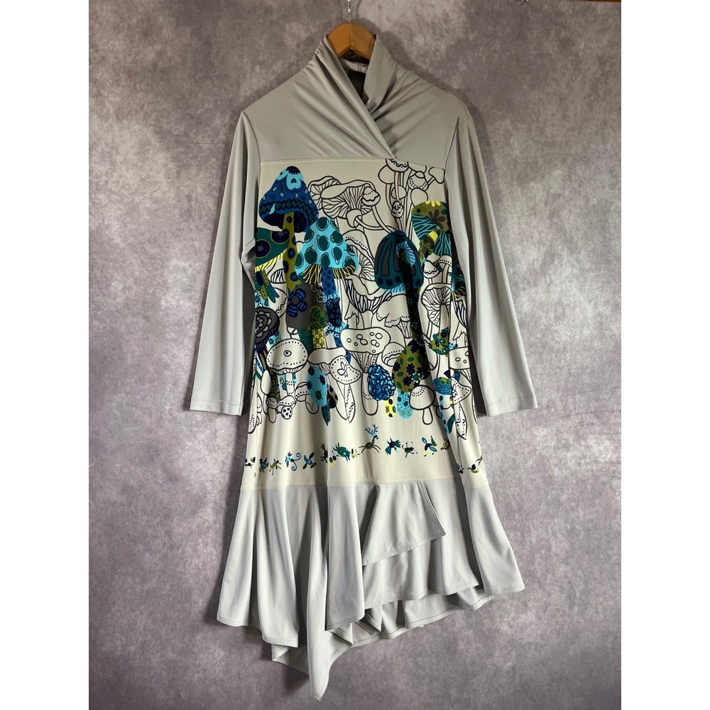 Tokuko 1er Vol Tunic Dress Women 9 Gray‎ Mushroom Print Asymmetrical Art Wear